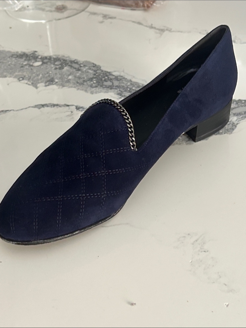 Stuart Weitzman Navy Suede Loafer with Chain Trim